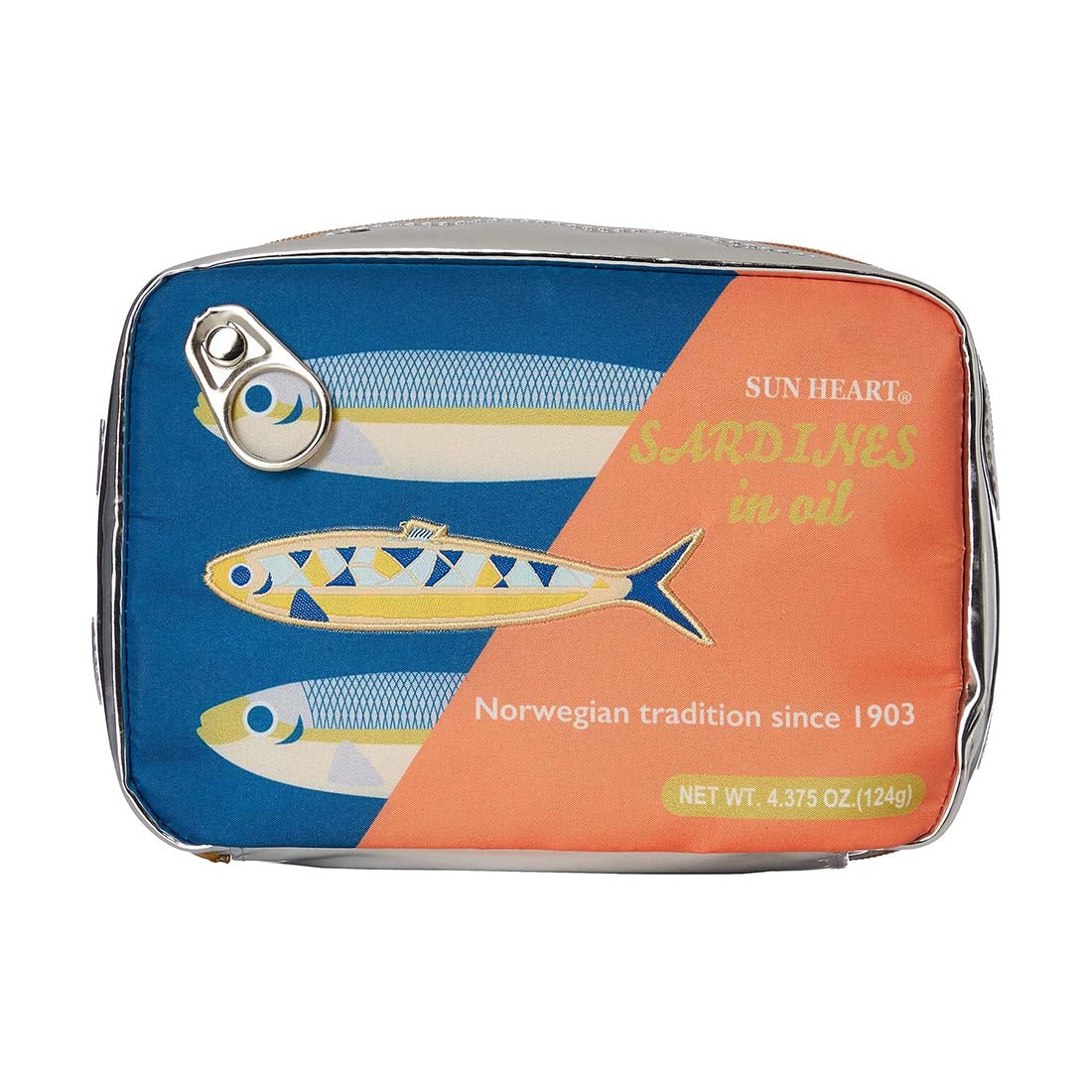 Sardine can-shaped pouch with blue and orange design on a white background