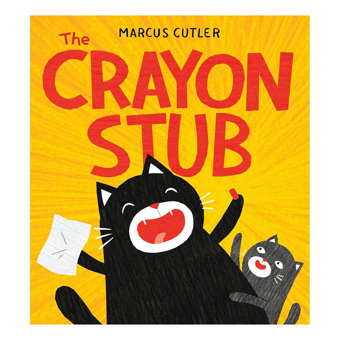 Cover of 'The Crayon Stub' picture book, showing a cartoon of a happy black cat holding a red crayon stub with a yellow background, and a smaller cat looking on.