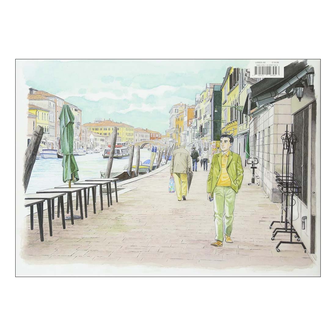 Book cover of 'Venice' by Jiro Taniguchi with a man standing on a street overlooking a canal.