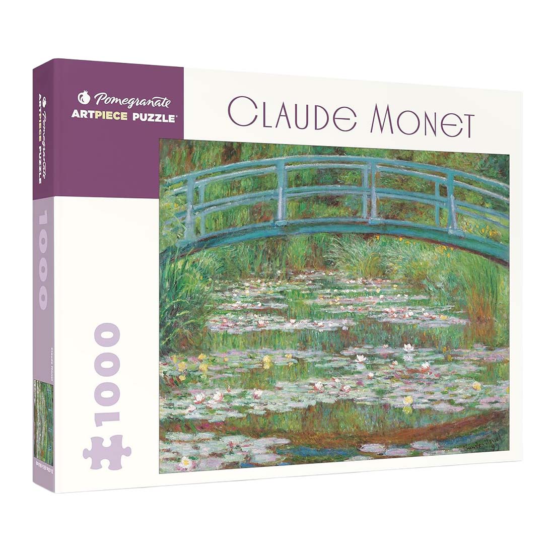 Pomegranate Claude Monet puzzle box with a bridge over water lilies design.