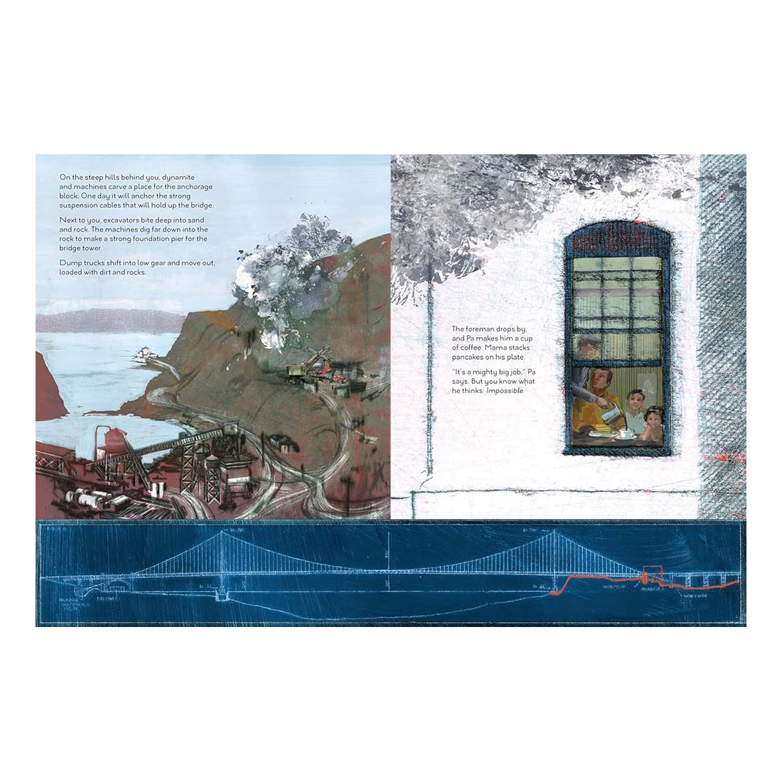 Cover of the children's picture book 'Golden Gate: Building the Mighty Bridge' by Elizabeth Partridge, featuring an illustration of a bridge and two children.