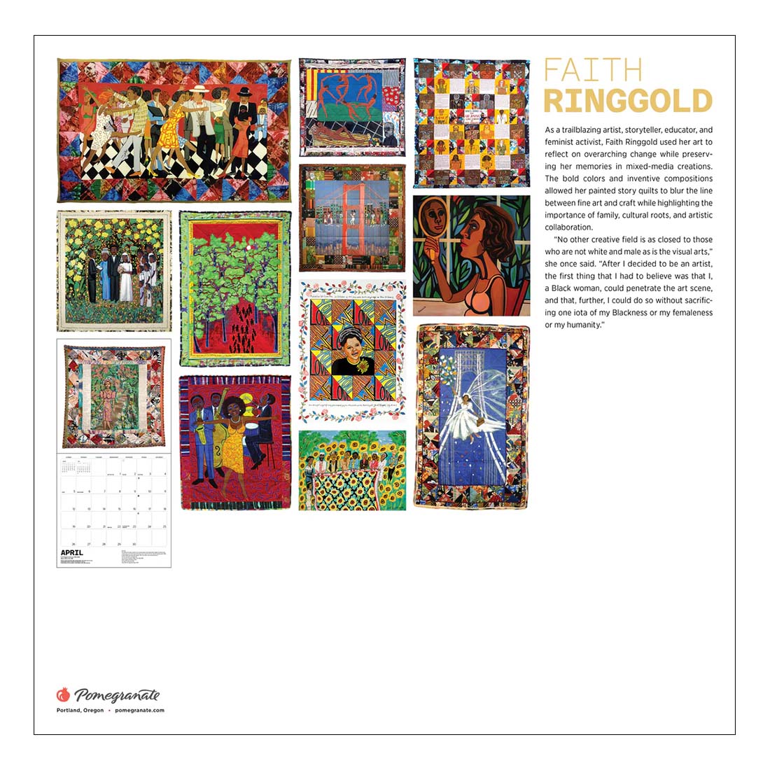 2026 calendar cover featuring a painting of a family by Faith Ringgold on a green background.
