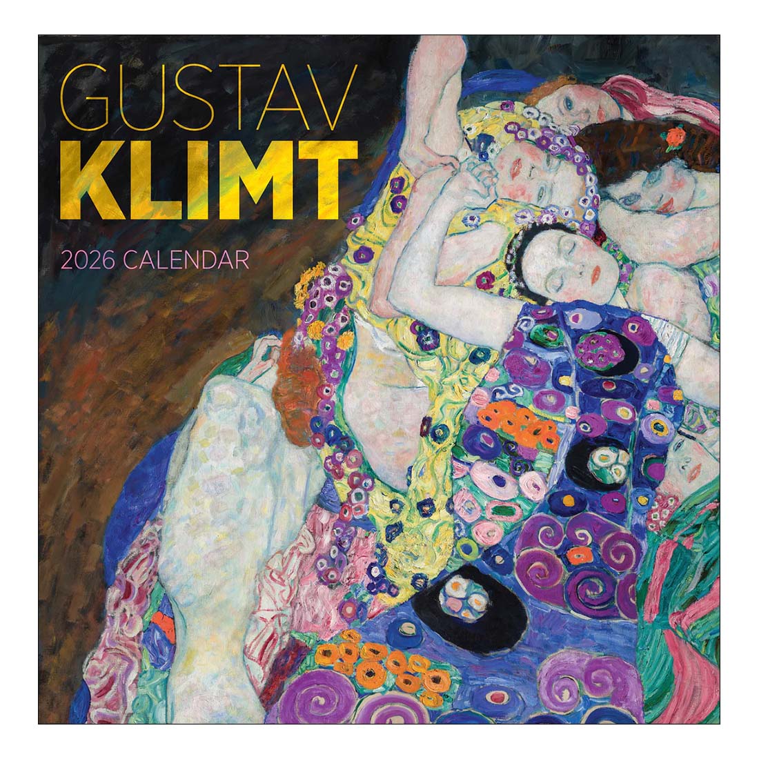 Gustav Klimt 2026 calendar cover with artistic design of women and floral patterns.