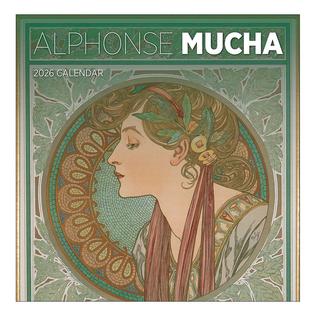 Alphonse Mucha 2026 calendar cover with stylized artwork of a woman's profile.