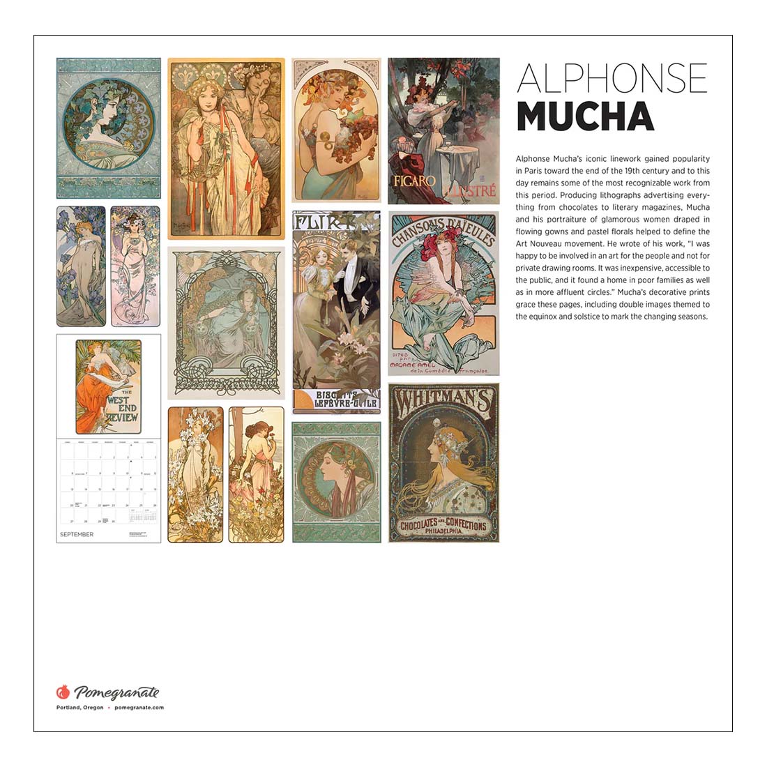 Alphonse Mucha 2026 calendar cover with stylized artwork of a woman's profile.