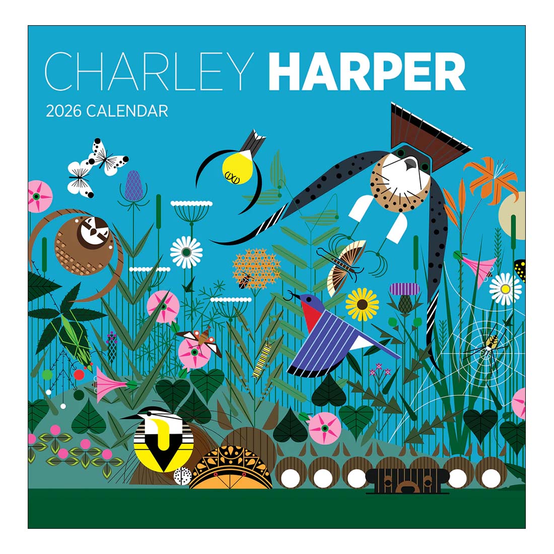 2026 Charley Harper calendar cover with colorful illustrations of nature and animals on a blue background.