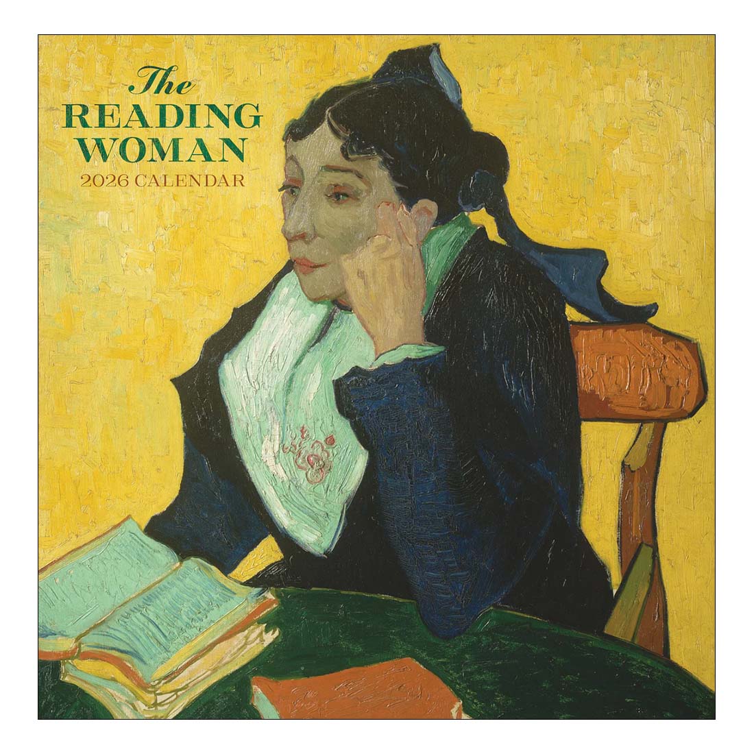 2026 calendar cover featuring a woman reading with a yellow background