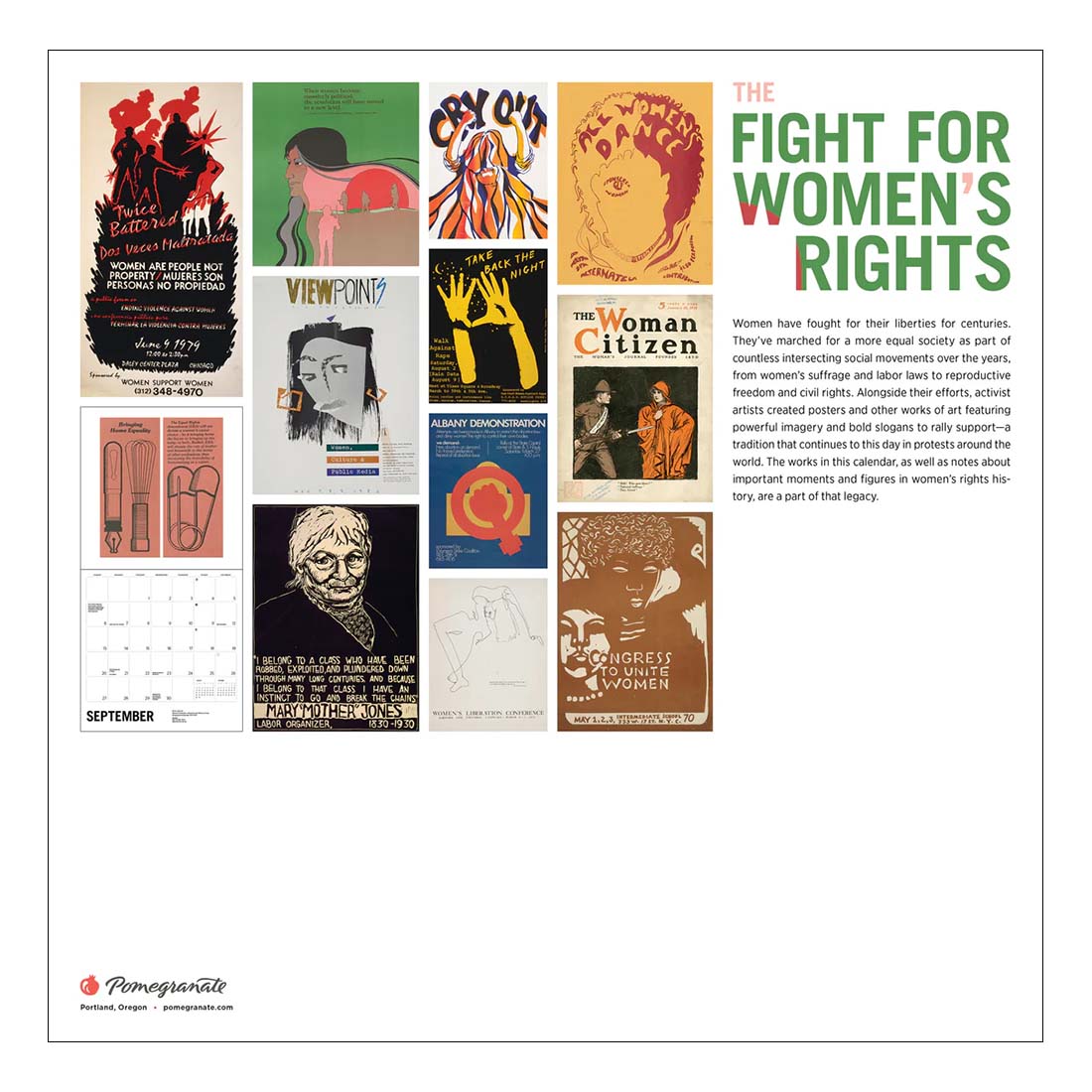 2026 calendar cover with illustration of a woman and text 'The Fight for Women's Rights' on a green background