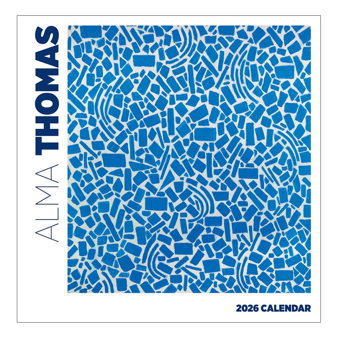 2026 calendar with blue abstract pattern and 'Alma Thomas' text on a white background