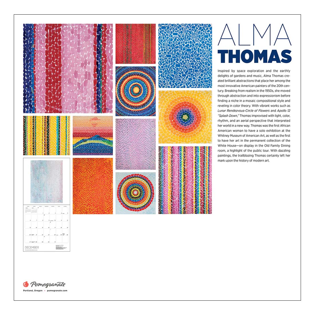 2026 calendar with blue abstract pattern and 'Alma Thomas' text on a white background