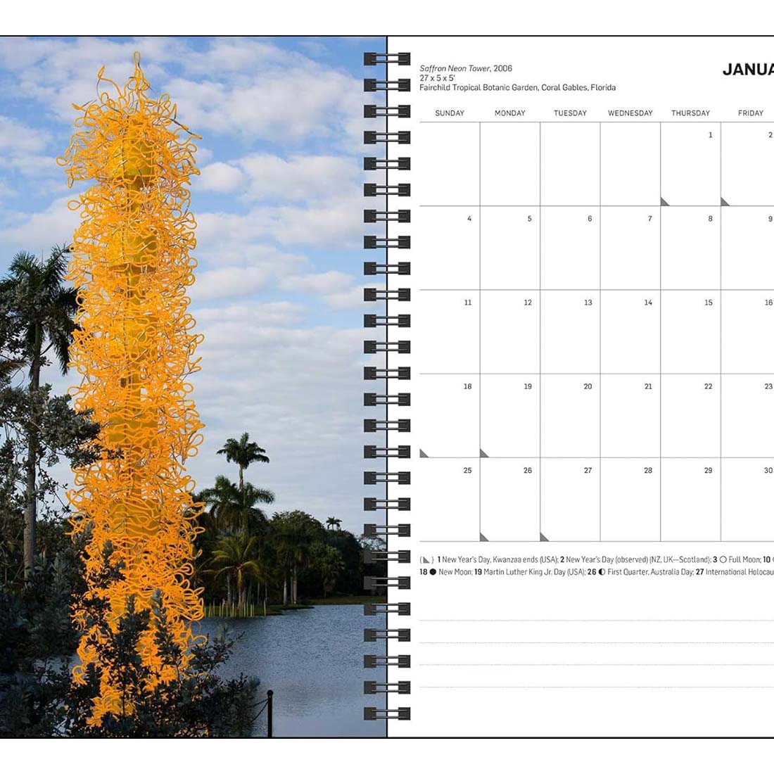 Chihuly glass art weekly planner cover with colorful flowers against a blue sky.