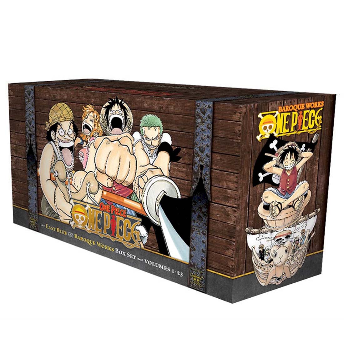 One Piece manga box set with character illustrations on a wooden background