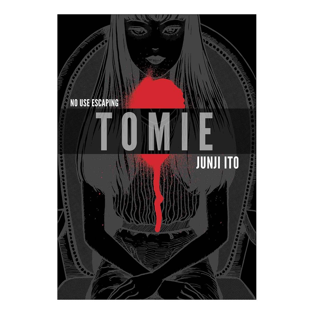 Book cover of 'Tomie' by Junji Ito with a black and white illustration of a woman with red accents.