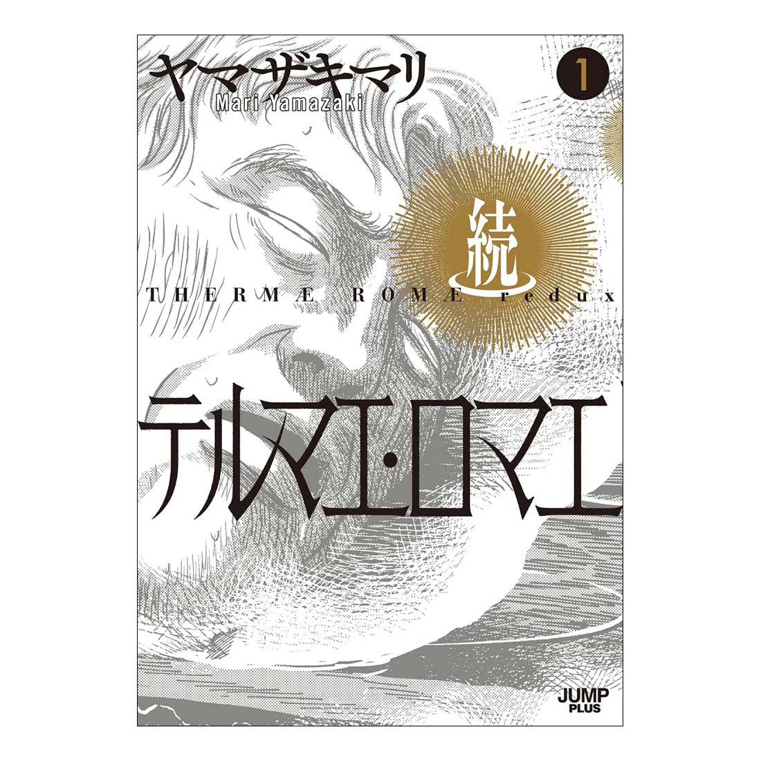 Manga book cover with stylized text and logo on a white background