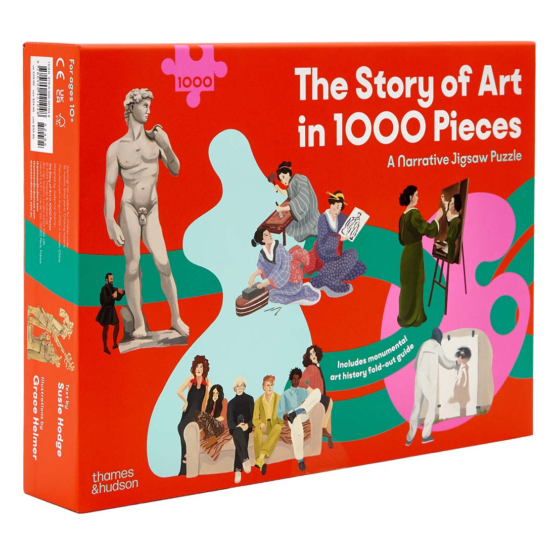 Jigsaw puzzle box titled 'The Story of Art in 1000 Pieces' with illustrations and a red background.