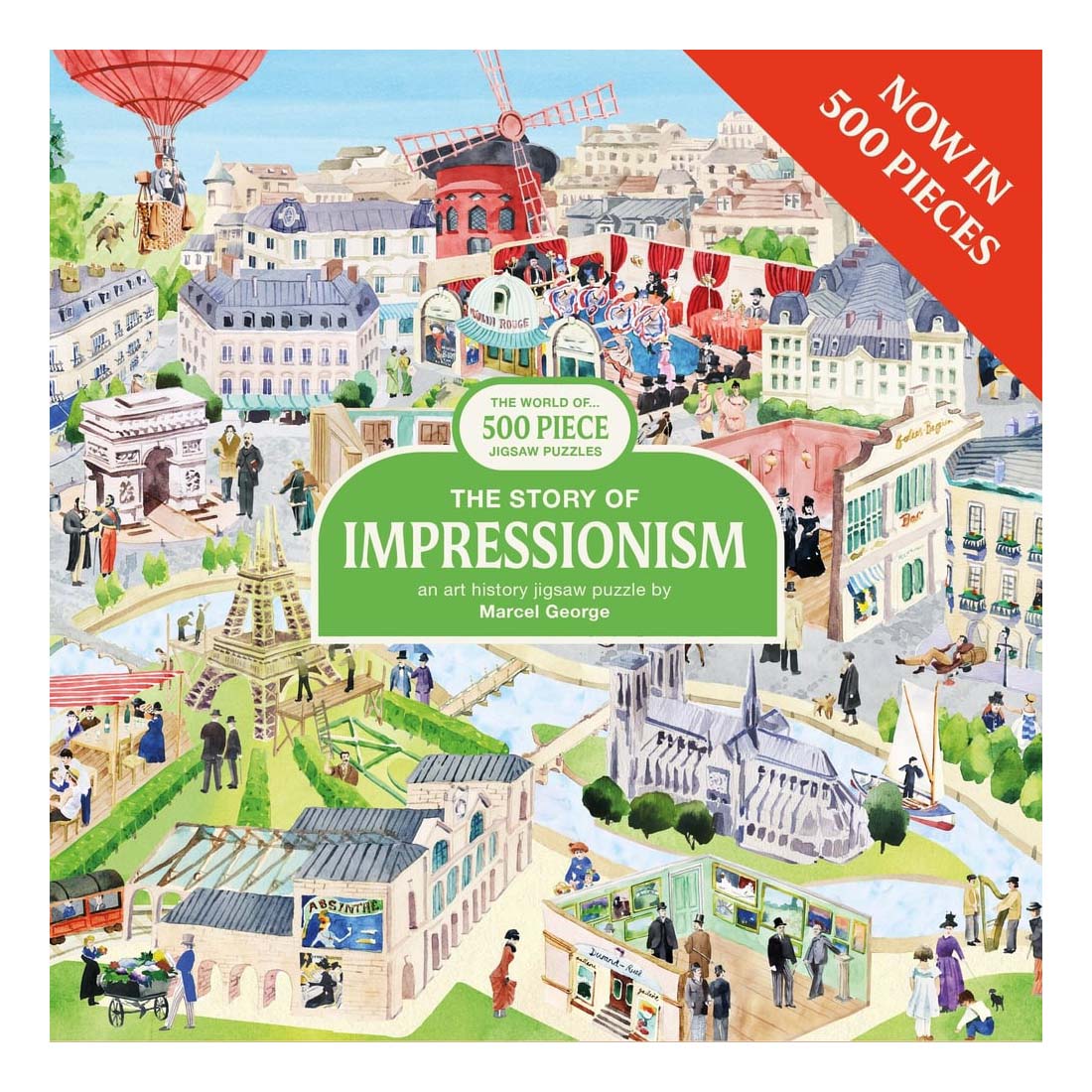 Jigsaw puzzle box titled 'The Story of Impressionism' with colorful illustration of a cityscape.