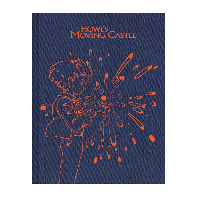 A sketchbook with a navy cover featuring an orange line drawing of a character and magical elements from the movie 'Howl's Moving Castle'.