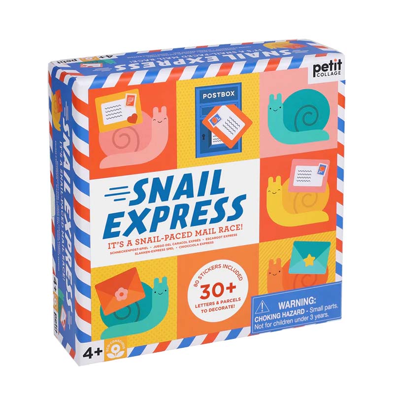 Colorful packaging of 'Snail Express' game by Petit Collage on a white background