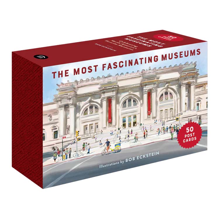 Box of 'The Most Fascinating Museums' postcards with a building illustration on a white background