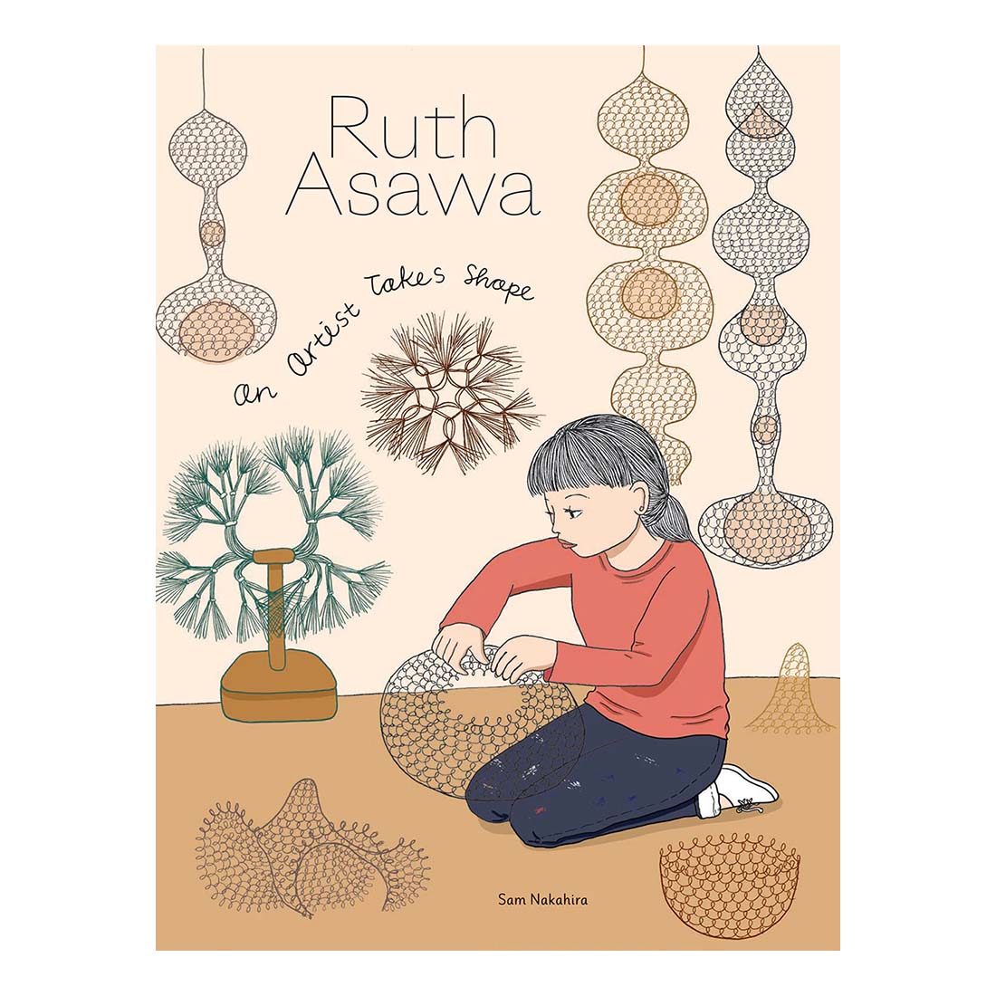 Illustrated cover of the book 'Ruth Asawa: An Artist Takes Shape' featuring an image of a young girl engaging with art, surrounded by stylized versions of her wire sculptures.