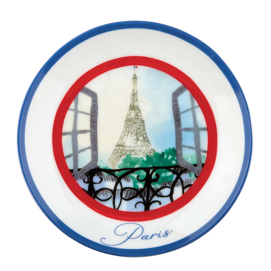 Decorative plate with Eiffel Tower design and 'Paris' text on a white background