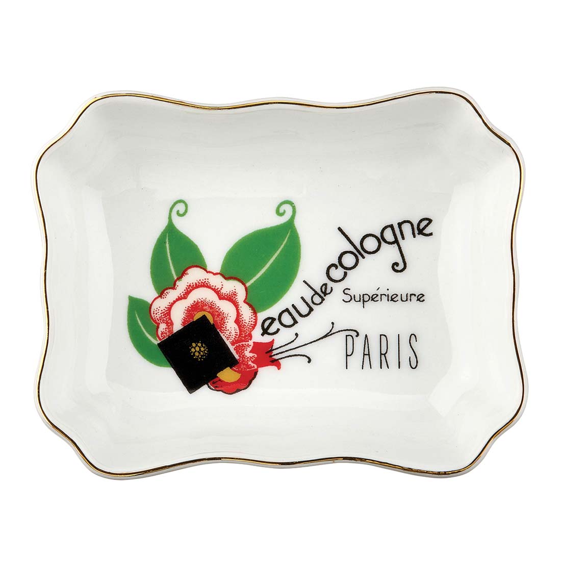Decorative plate with floral design and 'eaudecologne' text on a white background