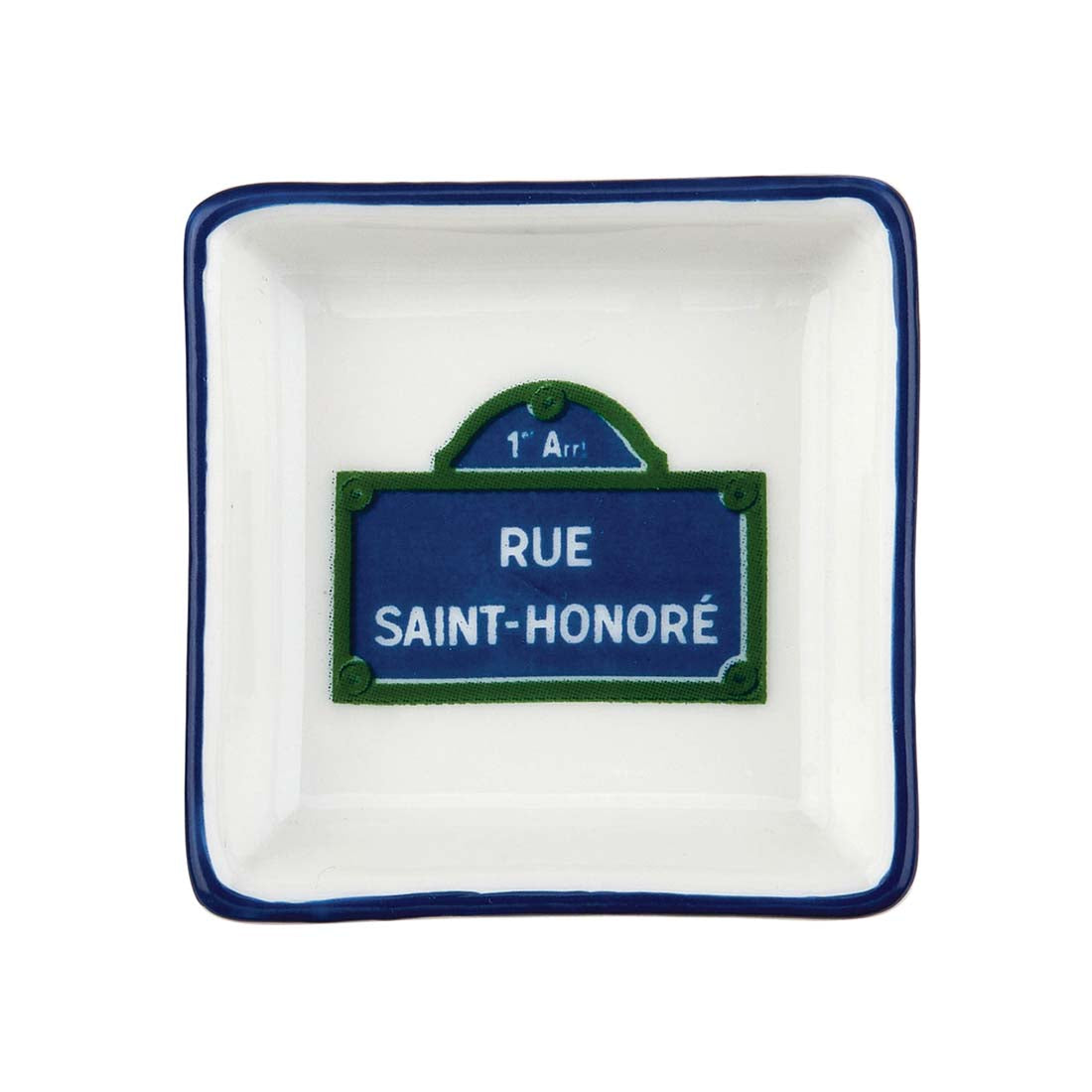Decorative dish with a blue and green street sign design on a white background