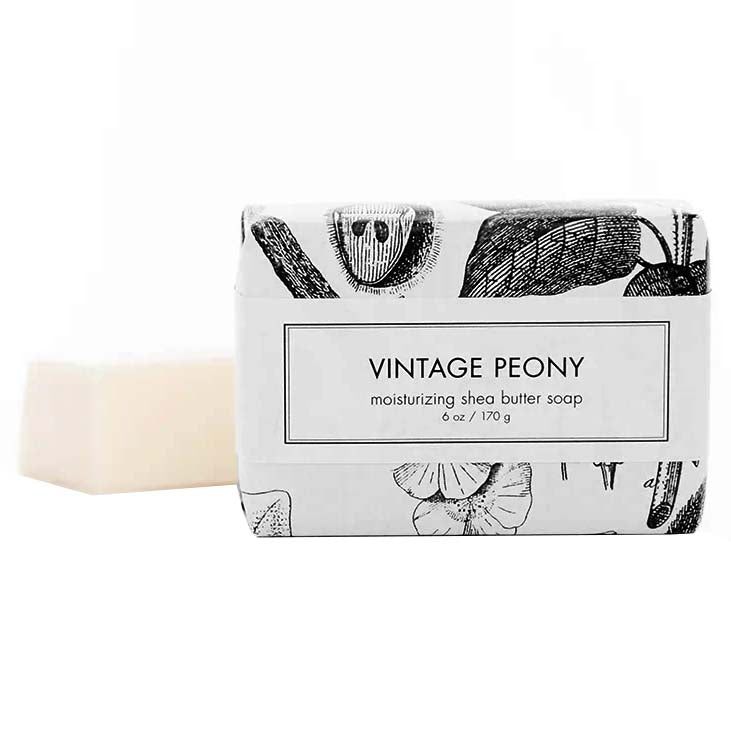 Bar of soap with 'Vintage Peony' packaging on a white background