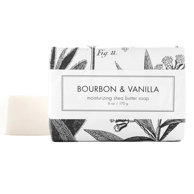 Bar of soap with 'Bourbon & Vanilla' label on a white background