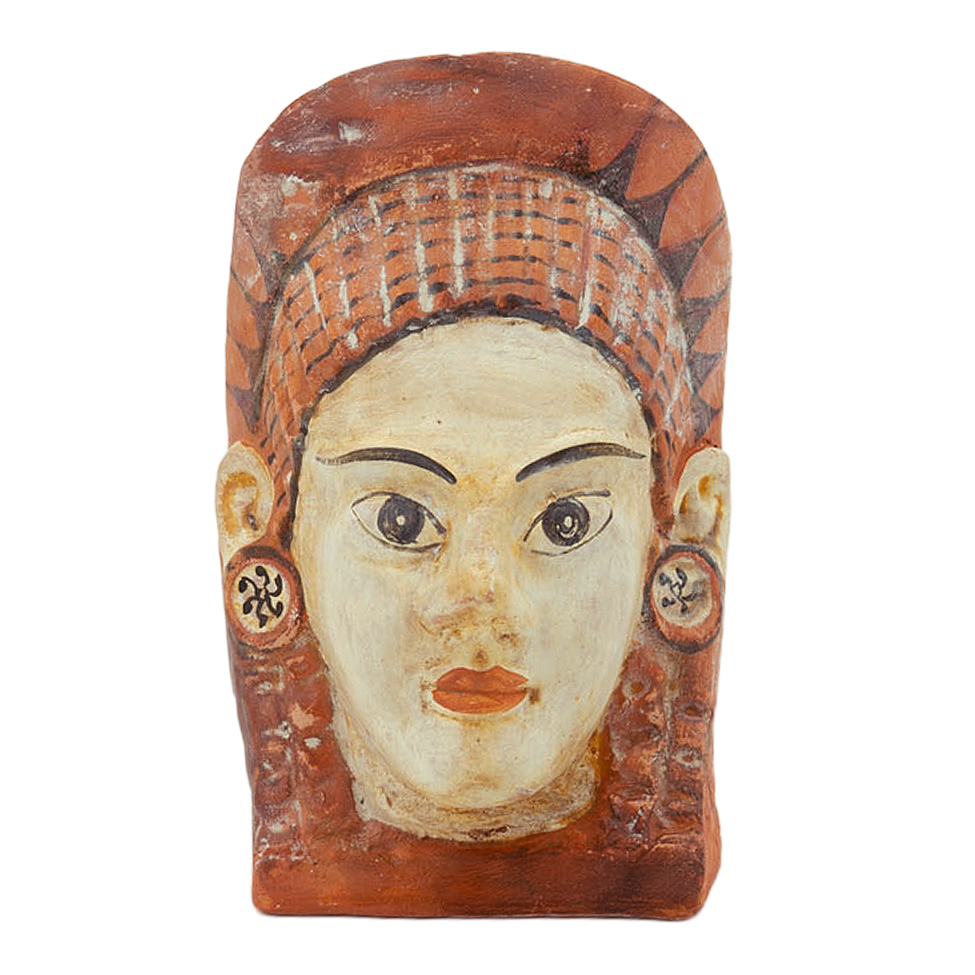 Ceramic face mask with decorative elements on a white background