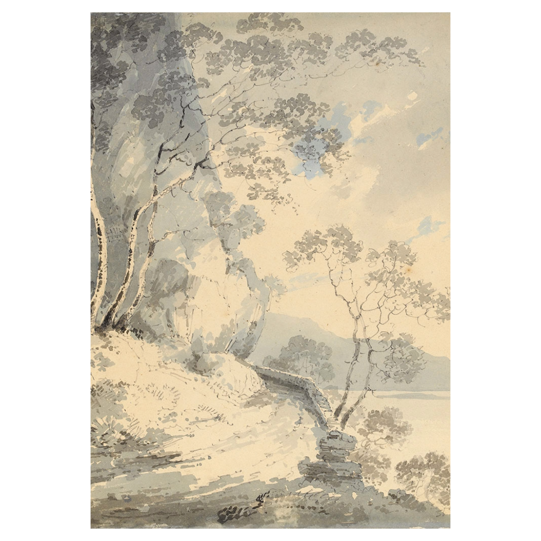 A watercolor landscape print depicting a path winding through a wooded area toward distant hills and water, rendered in soft gray, beige, and pale blue tones.