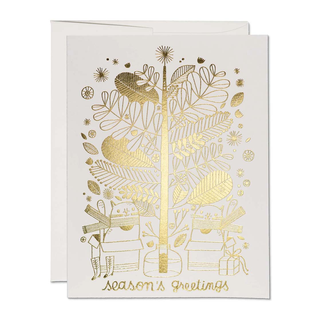 Greeting card with gold foil Christmas tree design and 'Season's Greetings' text on a white background.