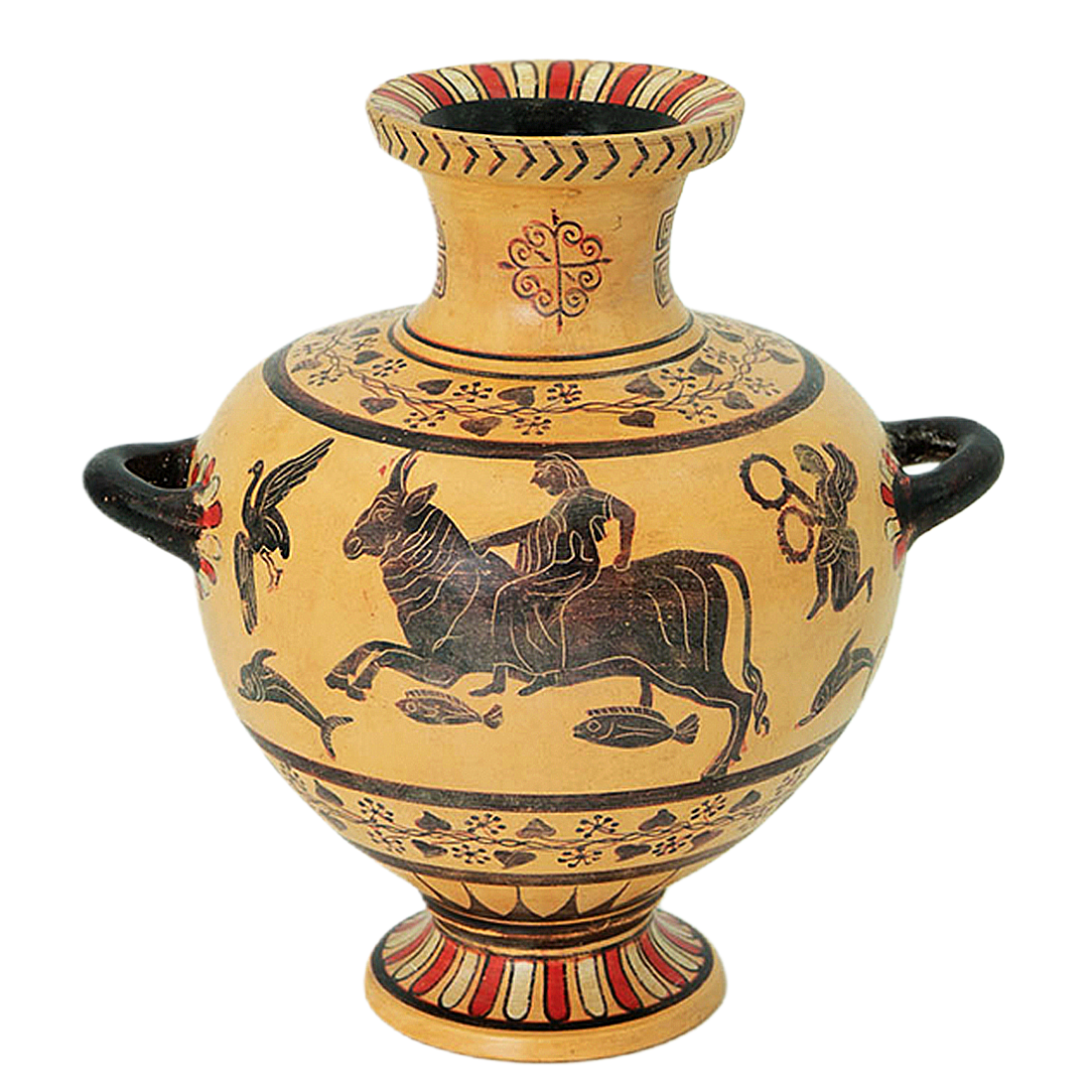 Decorative vase with black animal figures and patterns on a beige background