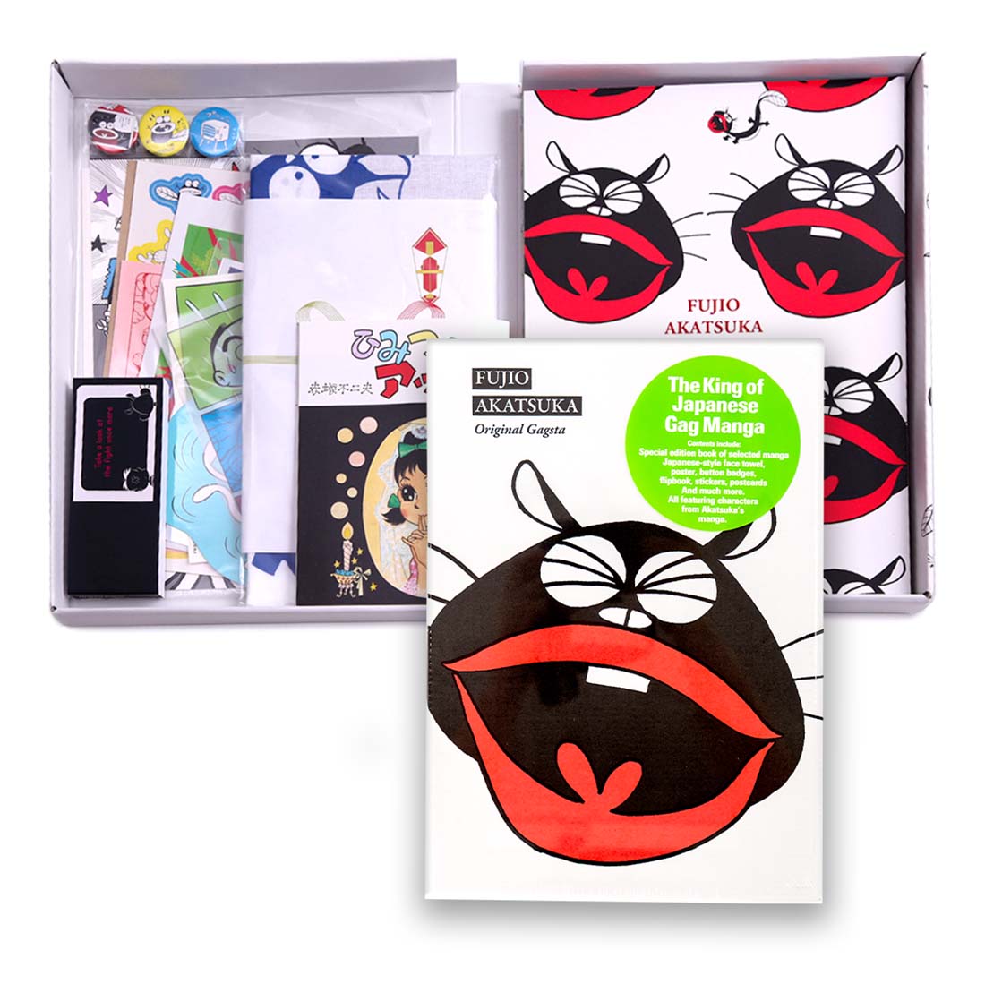 Akatsuka Fujio Original Gagsta Gift set with manga books and stationery items in a box