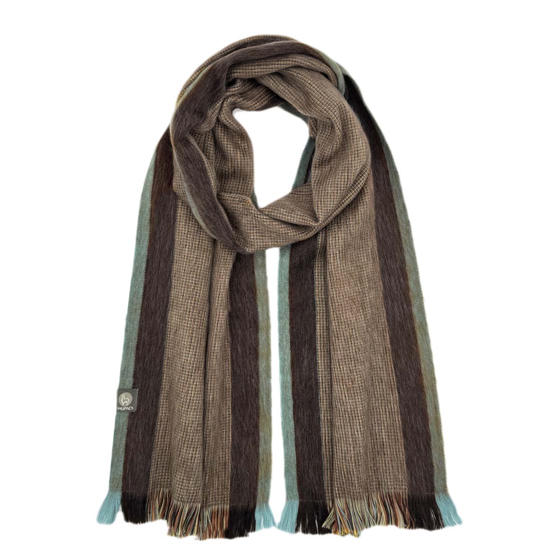 Striped scarf with brown, beige, and green colors on a white background