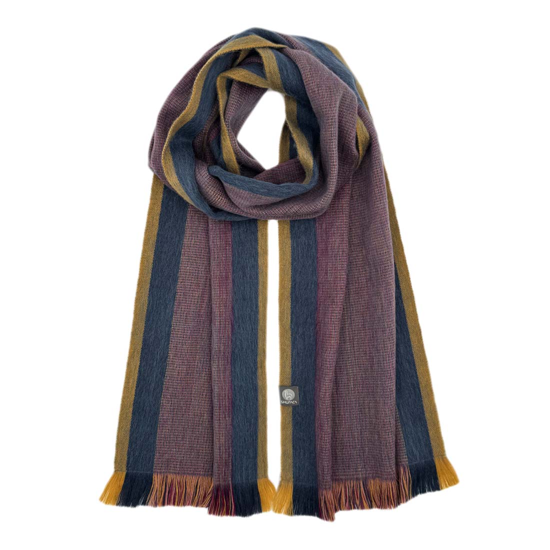 Striped scarf with purple, blue, and yellow colors on a white background