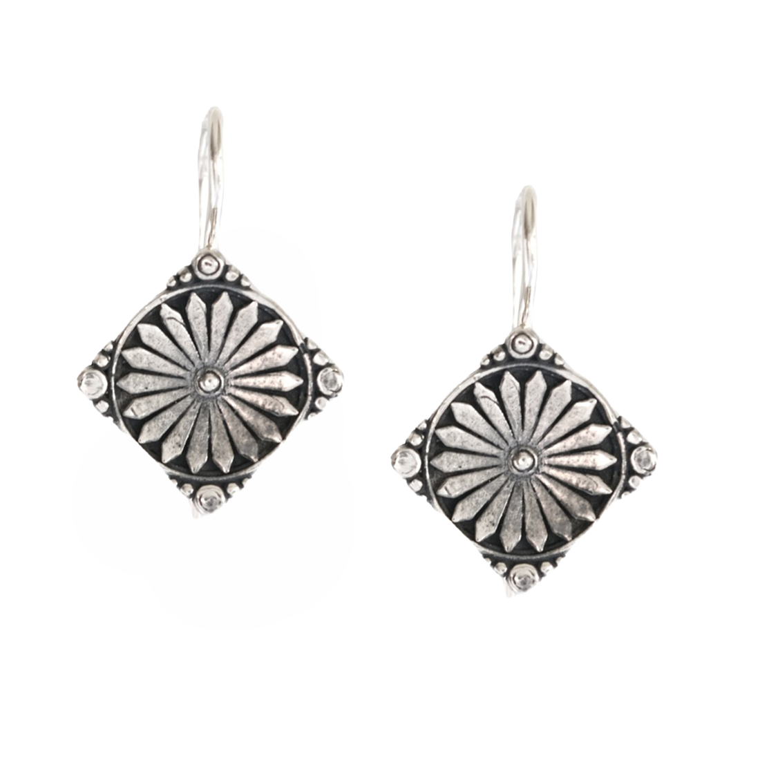 Pair of silver earrings with sunburst design 