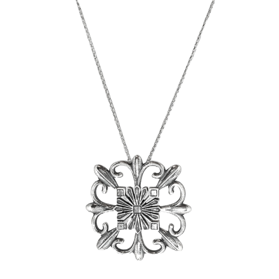 Silver floral round pendant necklace 