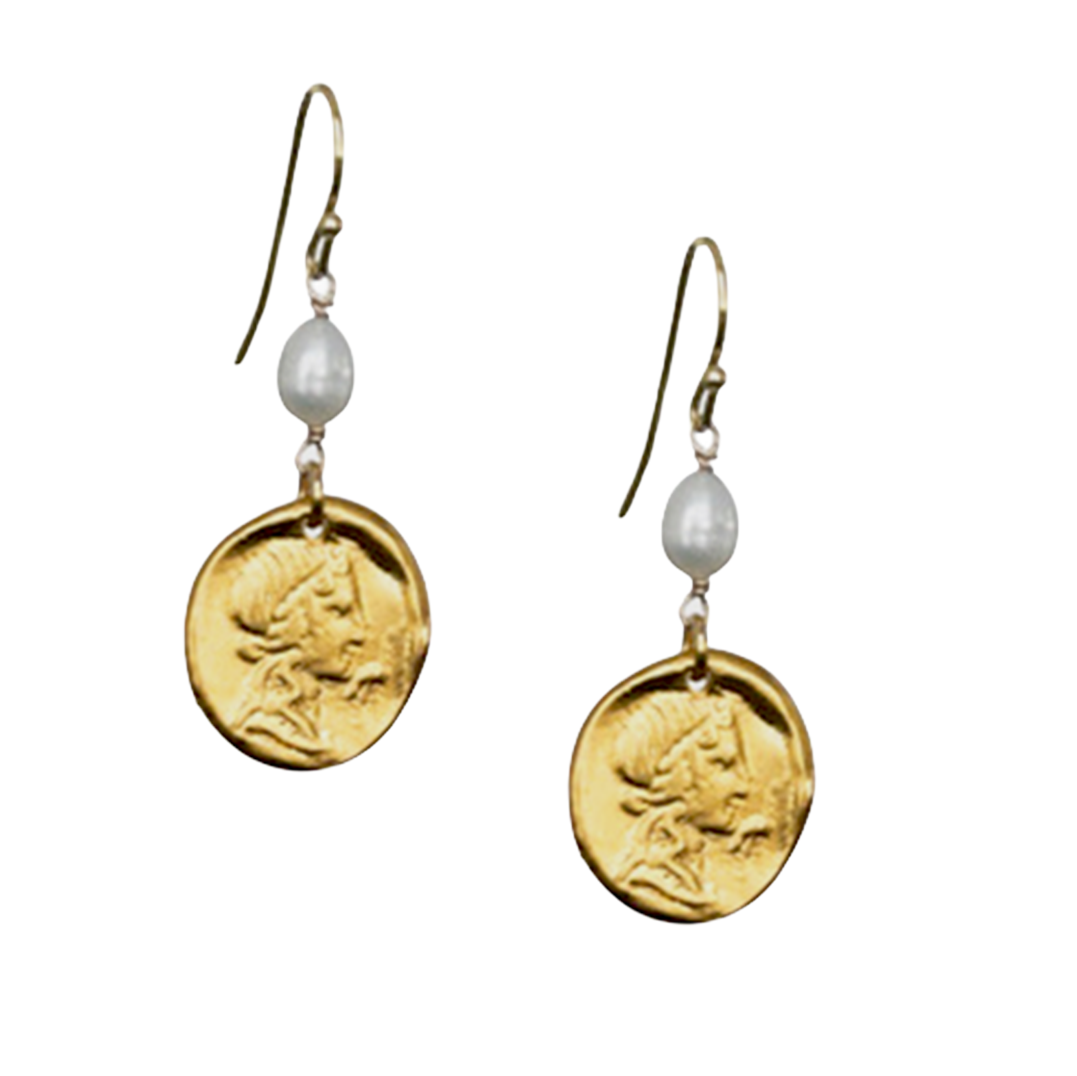Gold coin earrings with pearl beads on a white background