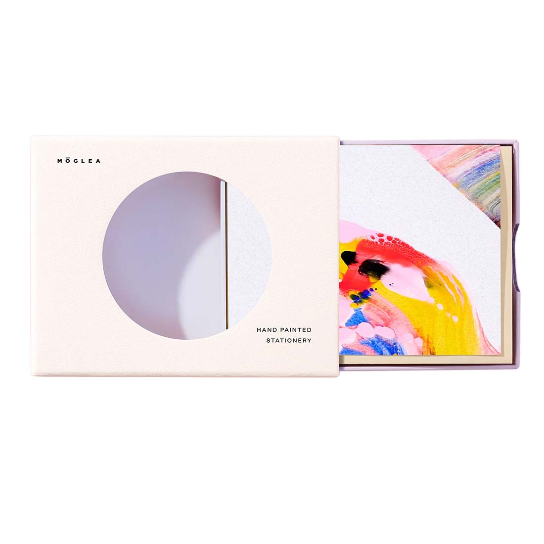 Hand painted stationery set in a branded box on a white background