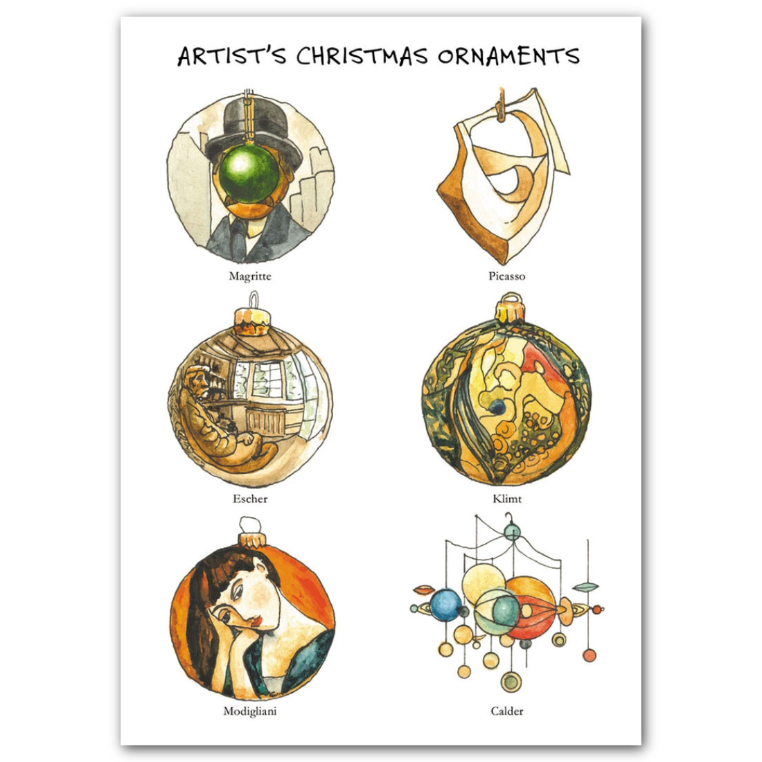 A white art print titled 'Artist's Christmas Ornaments' featuring six illustrated Christmas ornaments in a collage style, labeled with artist names: Magritte, Picasso, Duchamp, Kline, Modigliani, and Calder.