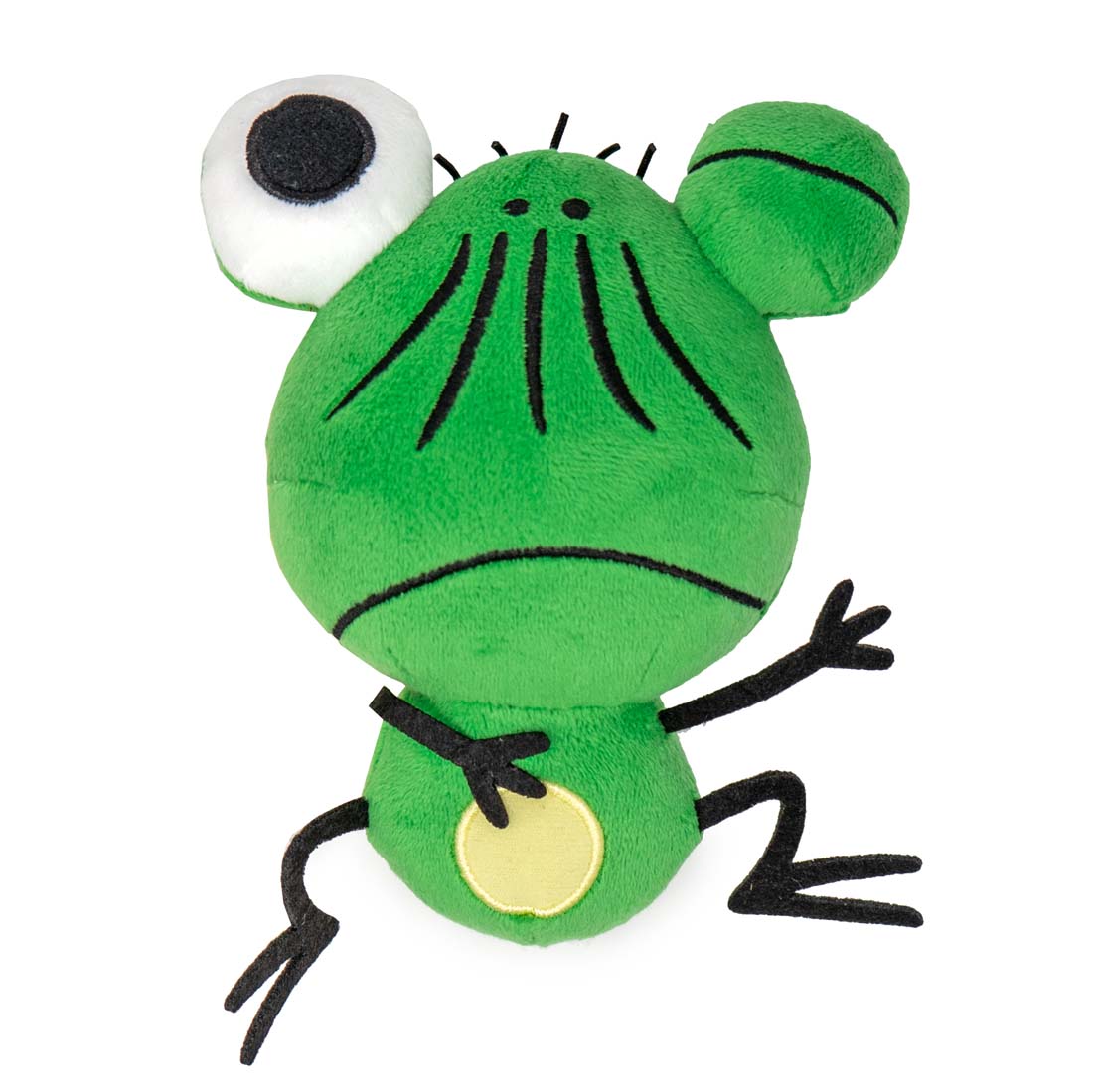 Green plush frog toy named Beshi with a single eye open on a white background