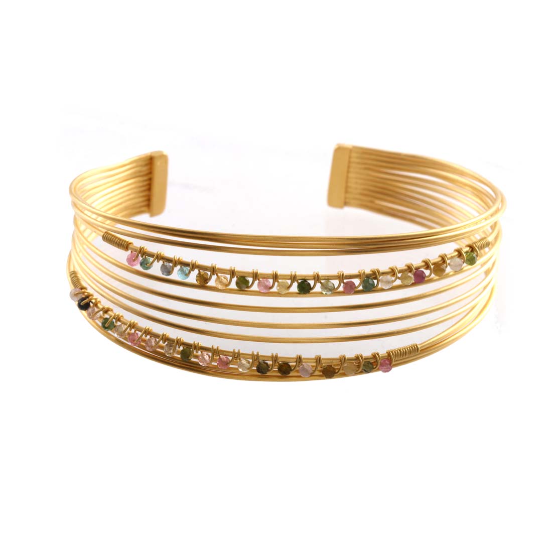 Tourmaline Bead Layered Gold-Plated Wire Cuff
