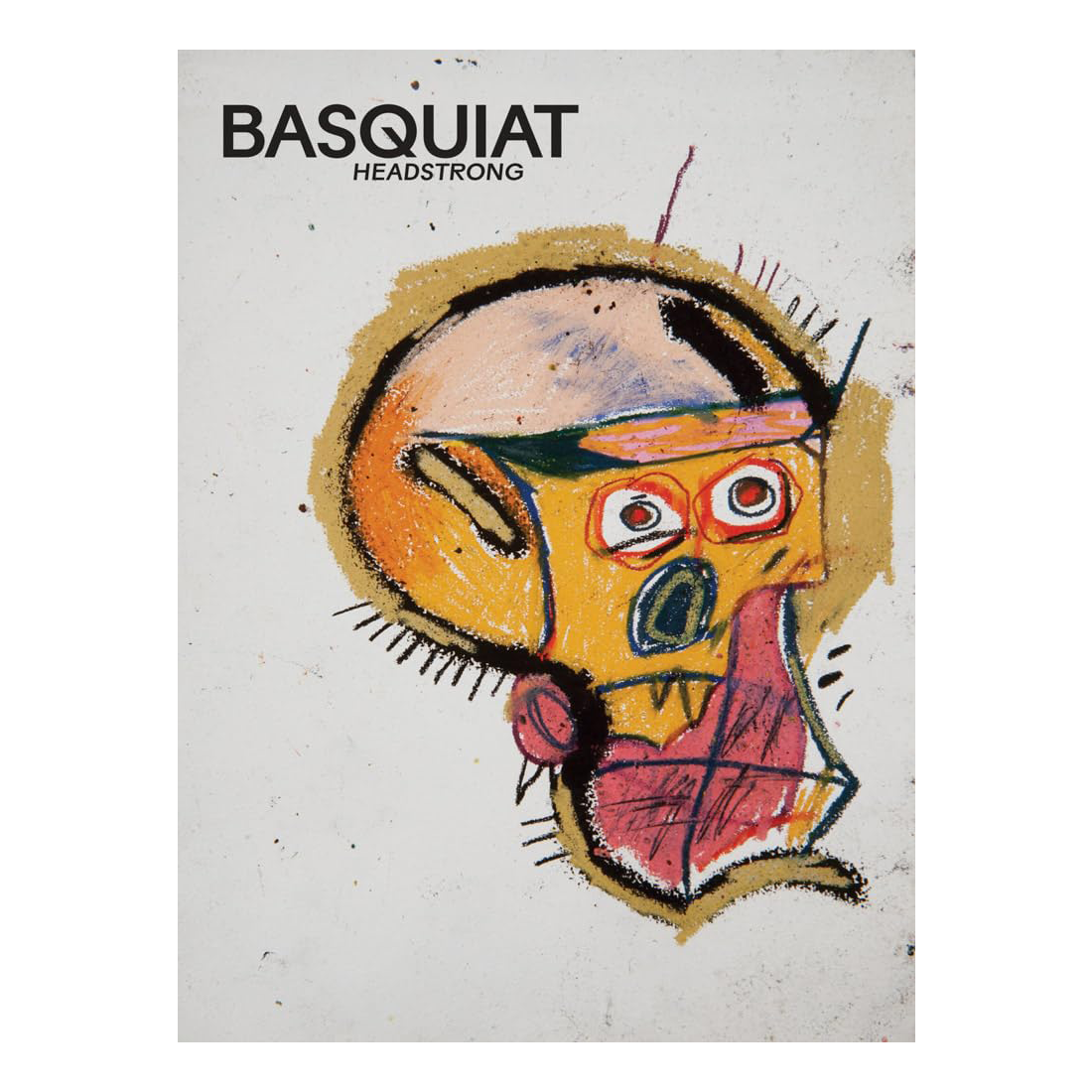 Artistic depiction of a face with colorful features on a textured white background, featuring the text 'Basquiat Headstrong'.