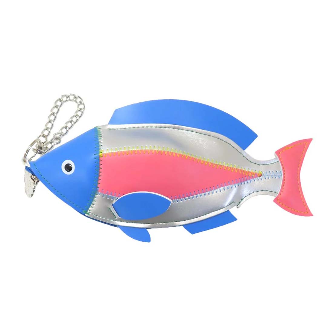 Fish-shaped keychain with blue, pink, and silver colors on a white background