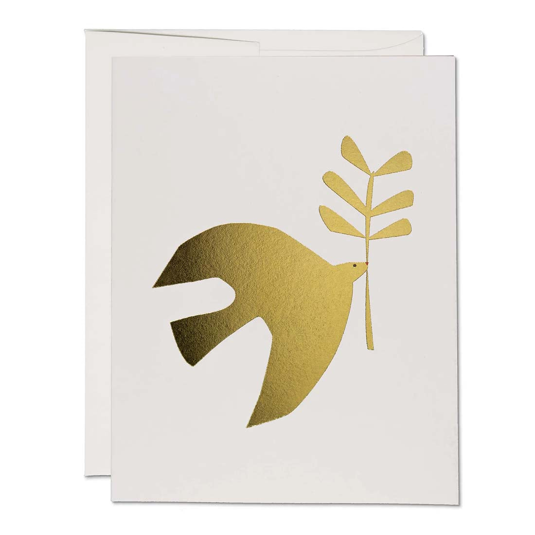 White greeting card with gold dove and olive branch design on a white background