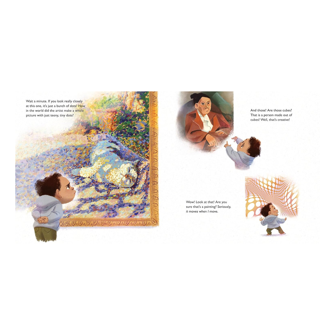 Illustrated book page with children looking at a painting of a woman in a garden.