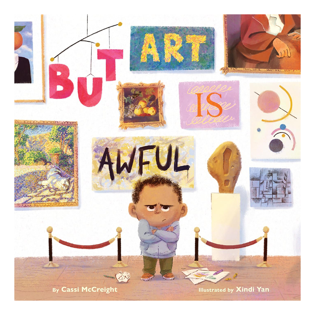 Book cover of 'But Art Is Awful' with a child in an art gallery surrounded by various artworks.