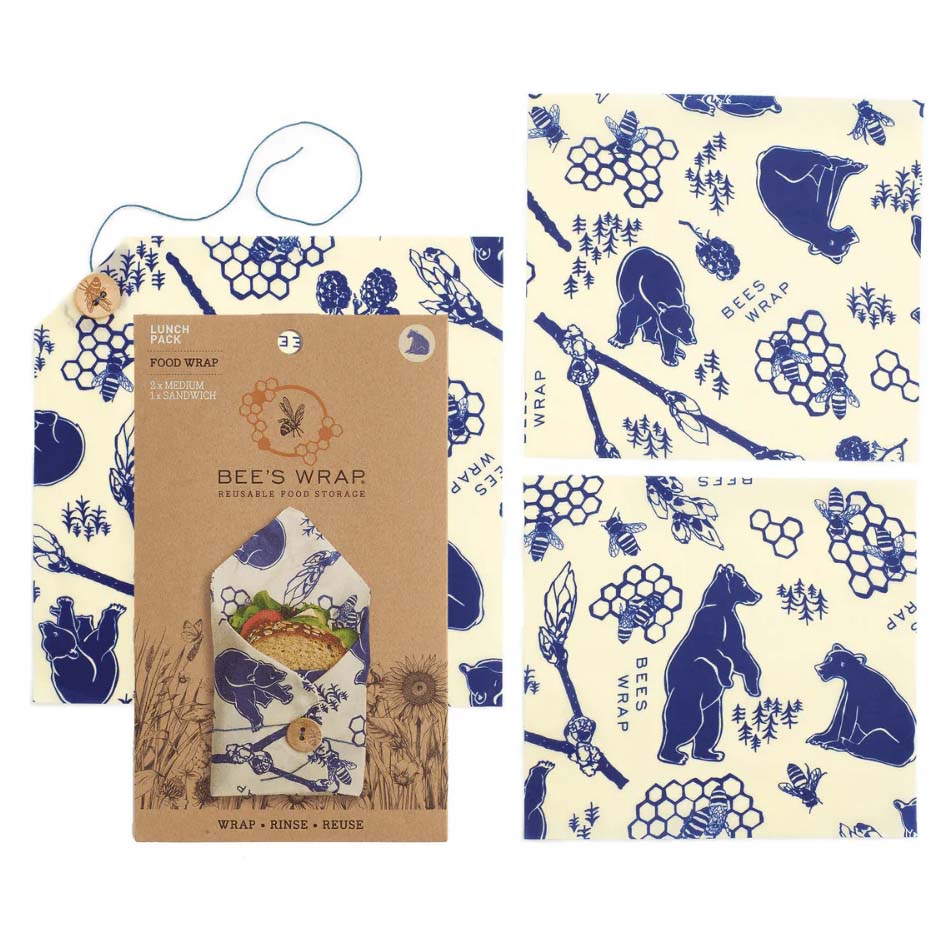Bee's Wrap packaging with blue animal and nature patterns on a white background