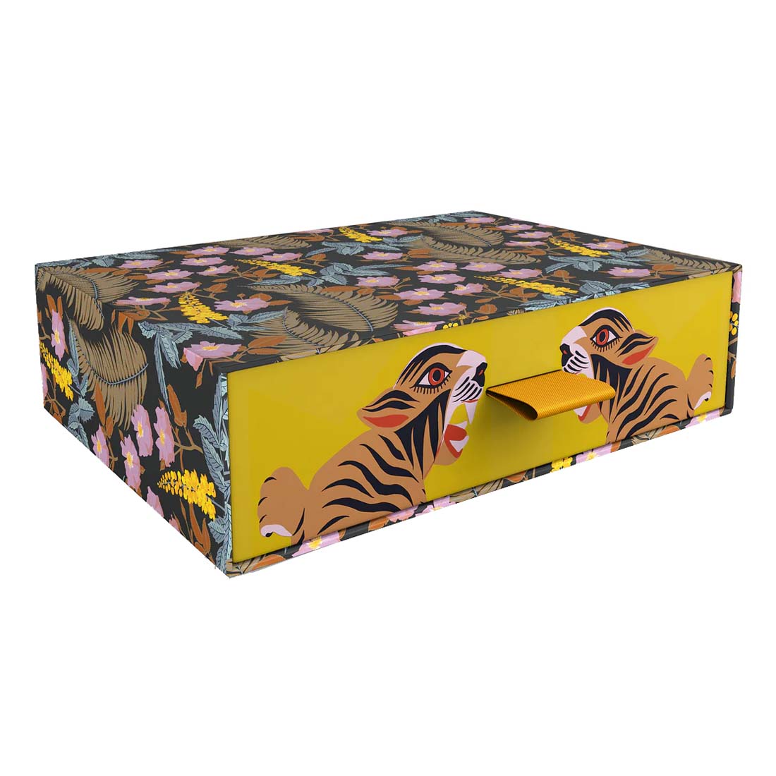 A slipcase boxed set of notecards with an illustration of a tiger and various plants on the cover.